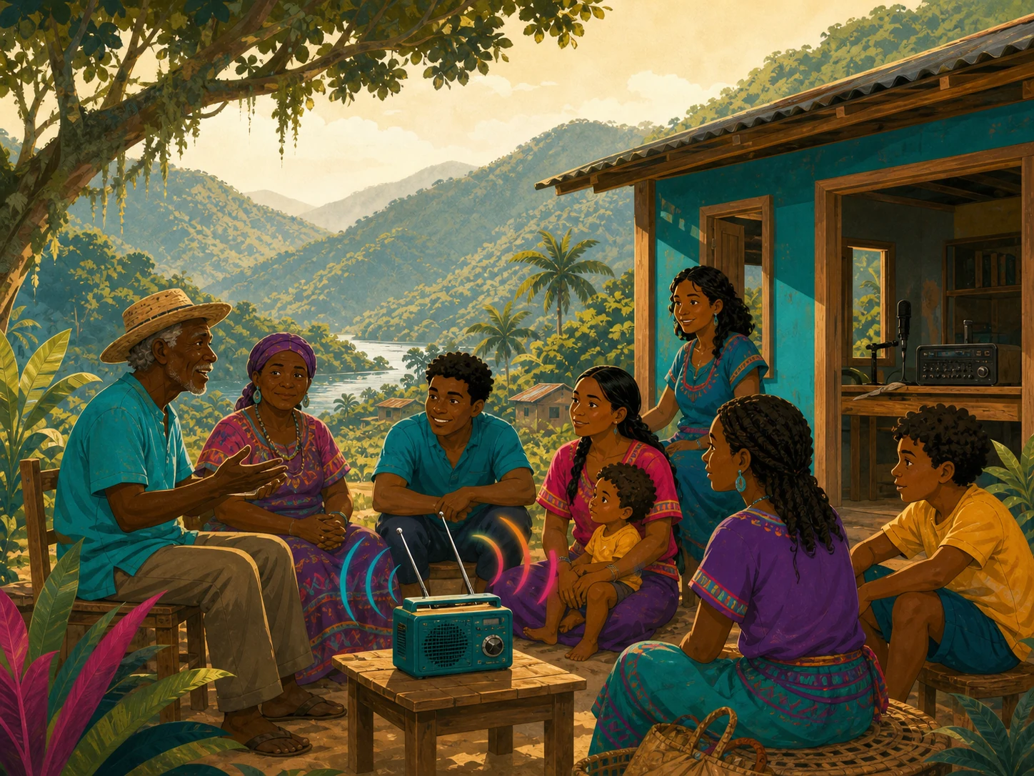 Familias y líderes comunitarios reunidos alrededor de una radio