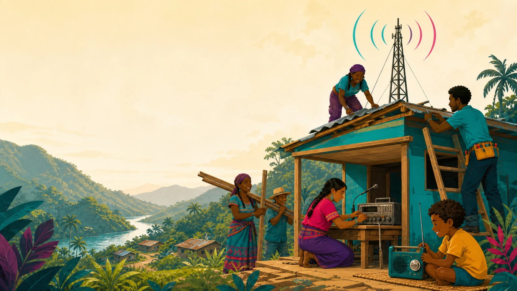 Comunidad reconstruyendo una emisora de radio entre las montañas de Colombia